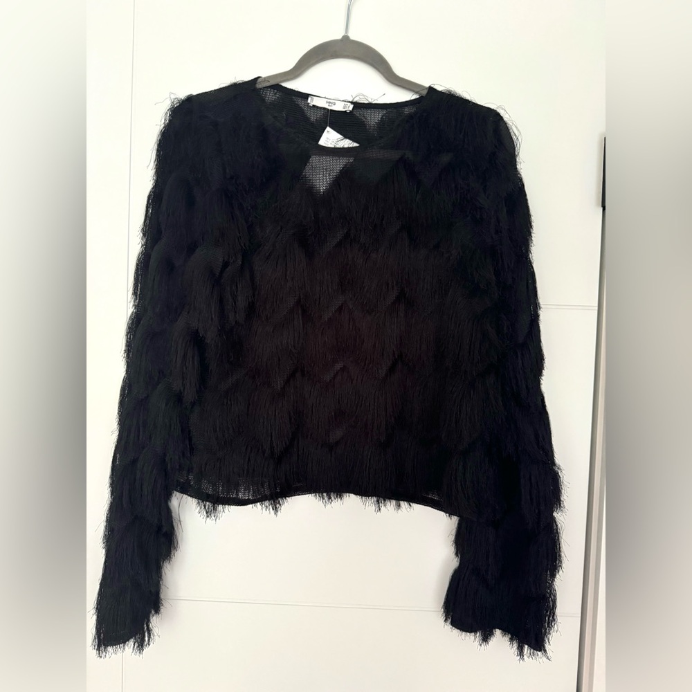 Mango Suit Black Long Fringe Sweater Top Long Sleeve Size Med Party Evening